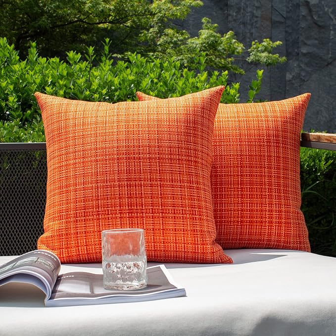 Kevin Textile Outdoor Waterproof 18x18 Inch Pillow Covers 2 Pack, Orange | Water Resistant, Faux Linen Yarn-dyed, Woven Texture Throw Pillow Covers for Tent Patio Garden Couch Sofa
