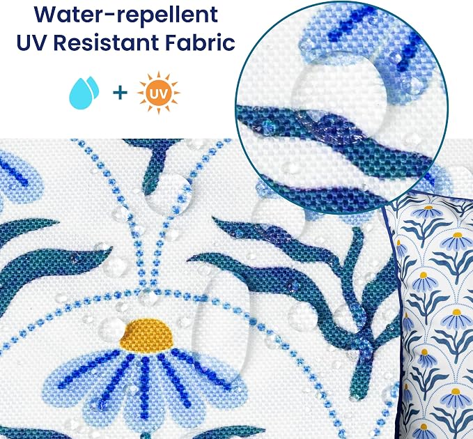 Outdoor Pillow Covers 18x18 Inch, Water-Resistant Decorative Pillow Covers Pack of 2, Floral Throw Pillow Case for Patio Furniture Tent Garden, Blue Bloom with Blue Edge, Cover ONLY