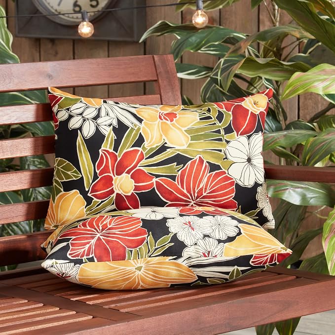 South Pine Porch Outdoor 19x12-inch Rectangle Accent Pillow (Set of 2), Aloha Black Floral
