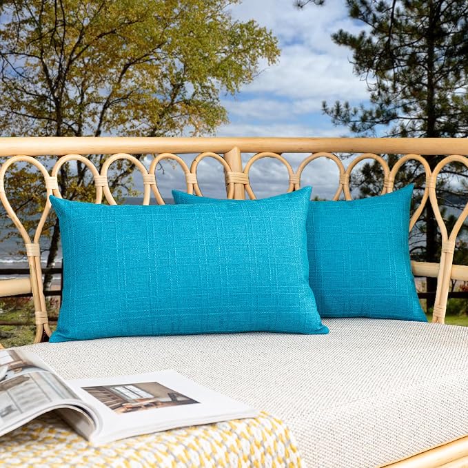 Kevin Textile Outdoor Waterproof 12”x24” Pillow Covers 2 Pack, Peacock Blue | Water Resistant, Soft Faux Linen-cotton Yarn-dyed Woven Texture Throw Pillow Covers for Tent Patio Garden Couch Sofa
