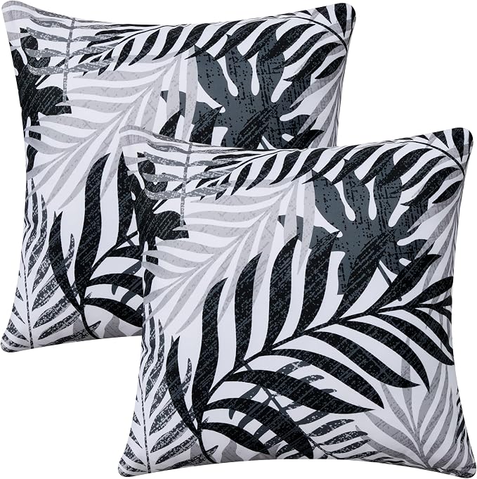 Allorry Outdoor Pillow Covers 20x20 Set of 2 Hawaii Tropics Palm Leaves Black Grey Floral Pattern Decoration Pillow Covers for Spring Summer Outdoor Waterproof Garden Patio Sofa Bed Decor JB010-C20