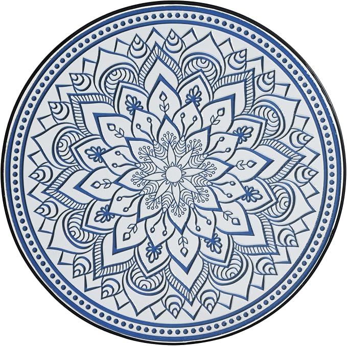 IRONORA Mosaic Tile Round Side Table, Blue White Mandala Patio End Table, Curved Black Metal Frame Weather Resistant Accent Table for Balcony Backyard Porch Living Room