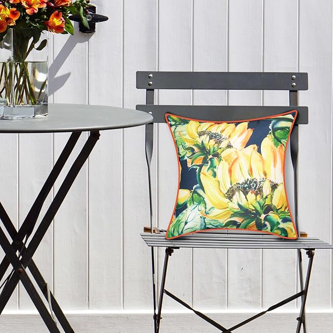 Edie At Home Watercolor Sunflower Square Decorative Throw Pillow for Patio Furniture, Sofa, Chair, or Bedroom, Reversible, Indoor and Outdoor Collection, 26 x 26 inches, Navy