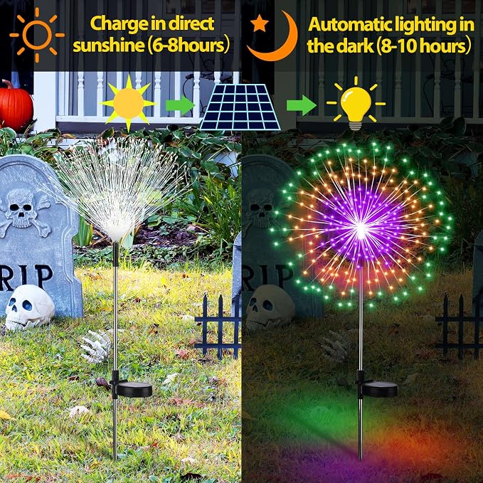 Tujoe Halloween Decoration Outdoor 4 Pack Solar Firework Light with 180 LED Halloween Solar Lights 8 Lighting Modes for Yard Garden Pathway Party Decoration(Green, Orange, Purple)