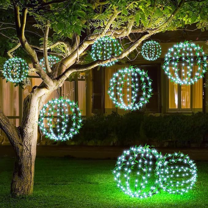Joomer Solar Ball Lights Outdoor, 2-Pack 13in & 11in Total 264 LED, White | Solar Powered Hanging Globe Metal Sphere Lights, 8 Modes Waterproof with Hooks for Patio Garden Gazebo Decorative Tree Decor