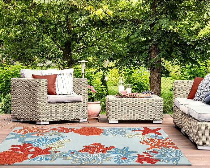 Liora Manne Ravella Indoor/Outdoor Durable Hand-Tufted UV Stabilized Rug- Ocean Scene Aqua 7'6" x 9'6"