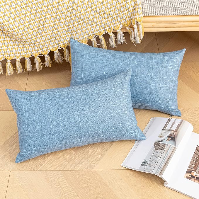 Kevin Textile Outdoor Waterproof 14”x24” Pillow Covers 2 Pack, Light Blue | Water Resistant, Soft Faux Linen-cotton Yarn-dyed Woven Texture Throw Pillow Covers for Tent Patio Garden Couch Sofa
