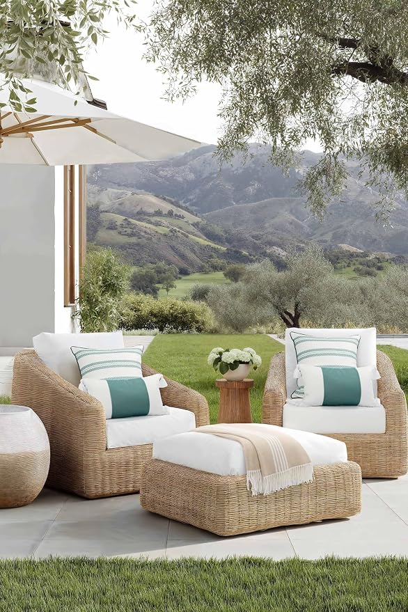 Hofdeco Premium Coastal Grandmillennial Patio Indoor Outdoor Lumbar Pillow Cover Only, 12"x20" Water Repellent for Backyard, Couch, Poolside, Celadon Green Print Color Block
