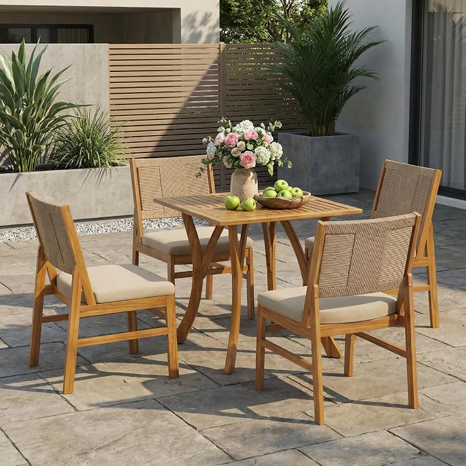 Merax Outdoor Farmhouse Acacia Wood Dining Set of 5, Patio 31.5" Square Dining Table, 4 Wicker Back Dining Chairs with Cushions for Deck, Yard, Porch, Weather Resistant, Easy Assembly, Cream+Teak