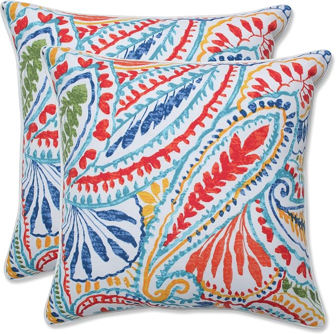 Pillow Perfect Paisley Indoor/Outdoor Accent Throw Pillow, Plush Fill, Weather, and Fade Resistant, Throw - 16.5" x 16.5", Blue/Multi Ummi, 2 Count