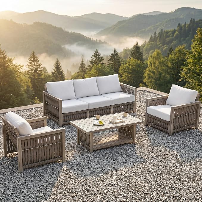 4 Pieces Patio Furniture Set, Outdoor Patio Couch Sofa with Coffee Table, Rope Weave & Aluminum Frame, All-Weather Garden Outdoor Contemporary Sofa with Cushion for Porch Yard Deck, Gray Oak