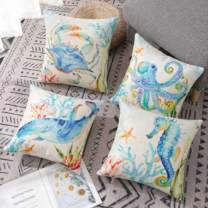 Coastal Outdoor Pillow Covers 18x18 Waterproof, Nautical Beach Throw Pillow | Coastal Room Decor, Nautical Decor for Home, Beach Themed Room Decor, Outdoor Throw Pillows for Beach Chair Porch Patio