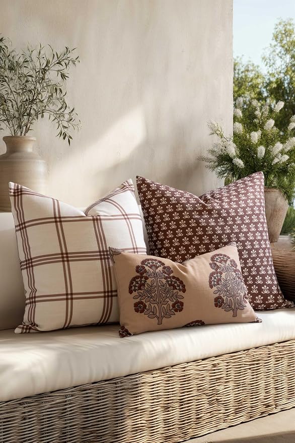 Crumbs Home Modern Farmhouse California Casual Indoor Outdoor Throw Pillow Cover, 22"x22" Water Repellent for Patio, Backyard, Couch, Poolside, Earth Tone Cocoa Brown Block Print Floral