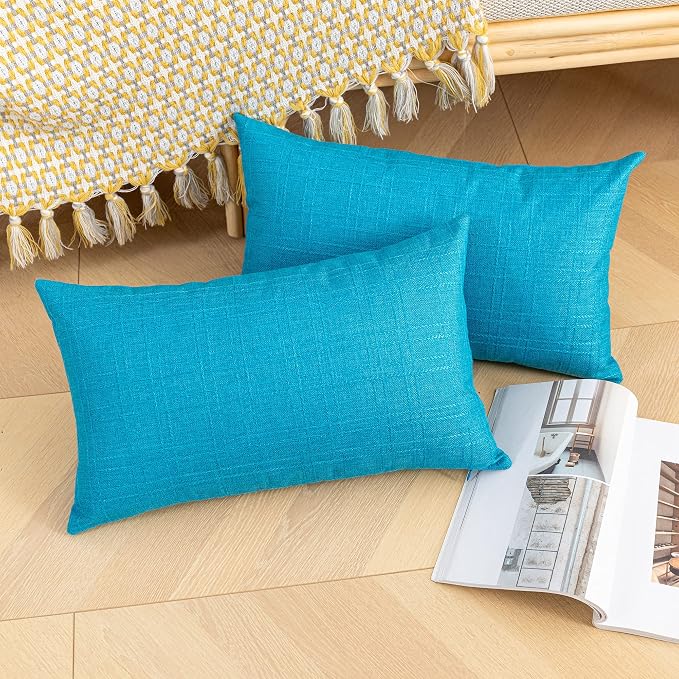 Kevin Textile Outdoor Waterproof 12”x20” Pillow Covers 2 Pack, Peacock Blue | Water Resistant, Soft Faux Linen-cotton Yarn-dyed Woven Texture Throw Pillow Covers for Tent Patio Garden Couch Sofa