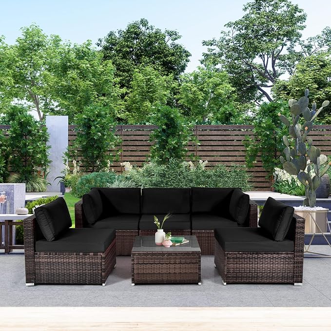 HAPPYGRILL 6 Pieces Outdoor Patio Furniture Set, PE Rattan Conversation Set with Tempered Glass Coffee Table and Cozy Cushions, Weather Resistant Sectional Sofa Set, Black