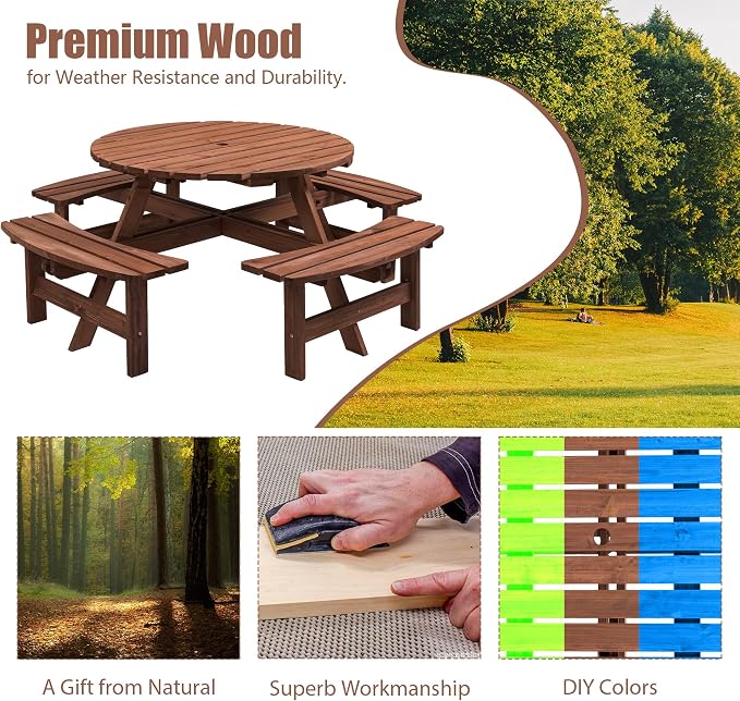 8 Person Outdoor Picnic Table with 4 Built-in Benches Round Wood Picnic Table with Umbrella Hole, Outside Picnic Tables and Bench Set for Garden,Patio, Backyard,2220LBS Total Capacity,Walnut Brown