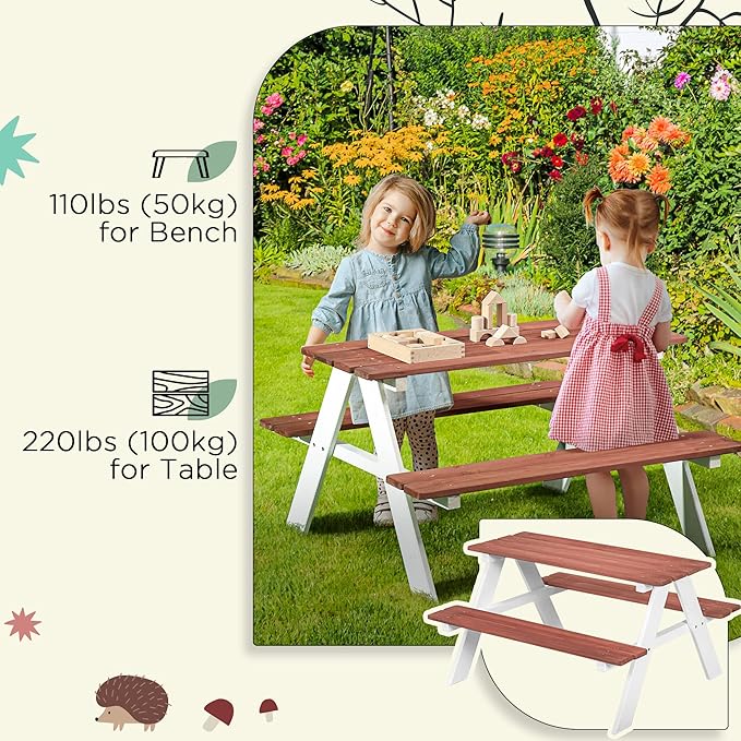 Outsunny Kids Picnic Table Set, Wooden Table & Bench Set, Kids Patio Furniture Outdoor Toys for Garden, Backyard, Aged 3-8 Years Old, Brown
