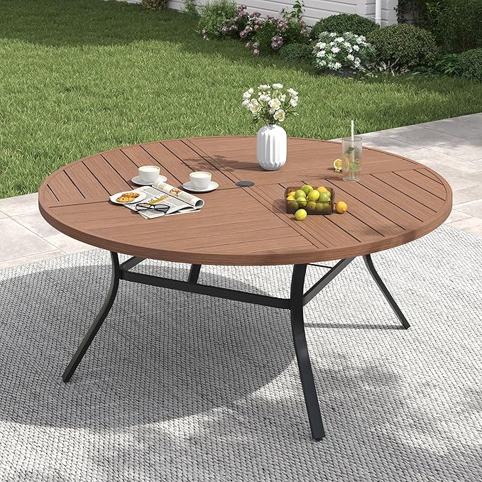 VICLLAX 53" Round Patio Table with Umbrella Hole, All Weather Metal Outdoor Dining Table for 6-8, Outside Table for Lawn Garden, Walnut Wood-Grain Finish