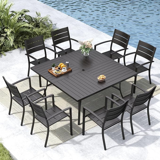 MFSTUDIO Patio Dining Set for 8, Black Metal Patio Table and Chairs Set with Umbrella Hole, 9 Piece Wrought Iron Outdoor Furniture Dining Set for Deck Backyard Garden