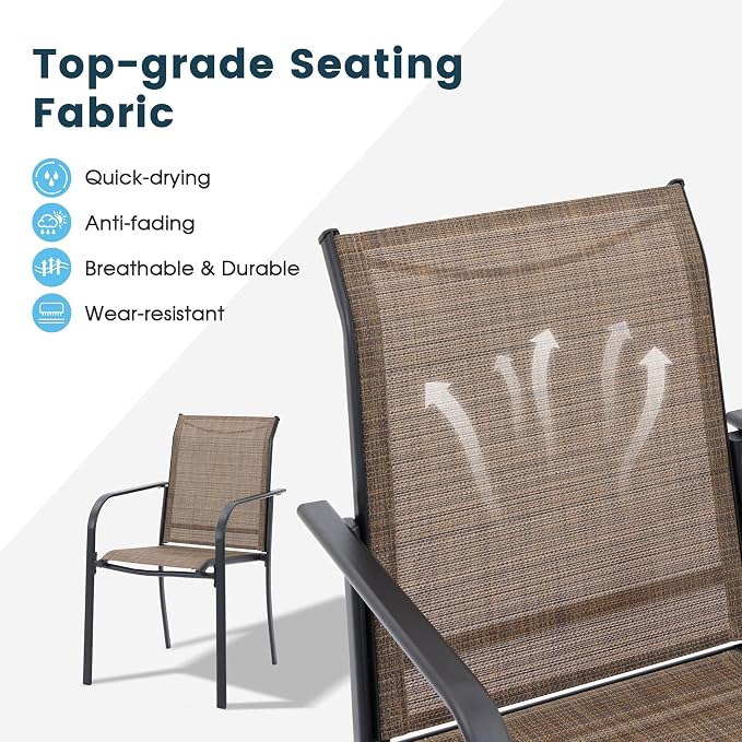 7 Pieces Patio Dining Set, 50" Round Dining Table with Umbrella Hole, 6 Stackable Textilene Fabric Chairs, Metal Structure for Patio, Porch, Garden(Walnut Table, Brown Chair)