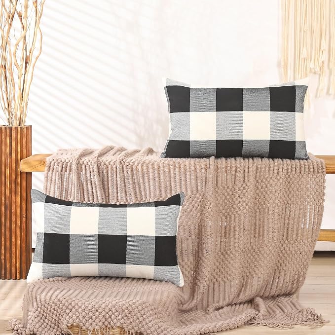 CARRIE HOME Black and White Lumbar Plaid Pillow Covers 12x20 Set of 2 Black Buffalo Check Pillow Covers 12 x 20 Outdoor Farmhouse Lumbar Throw Pillows for Couch, Sofa and Patio