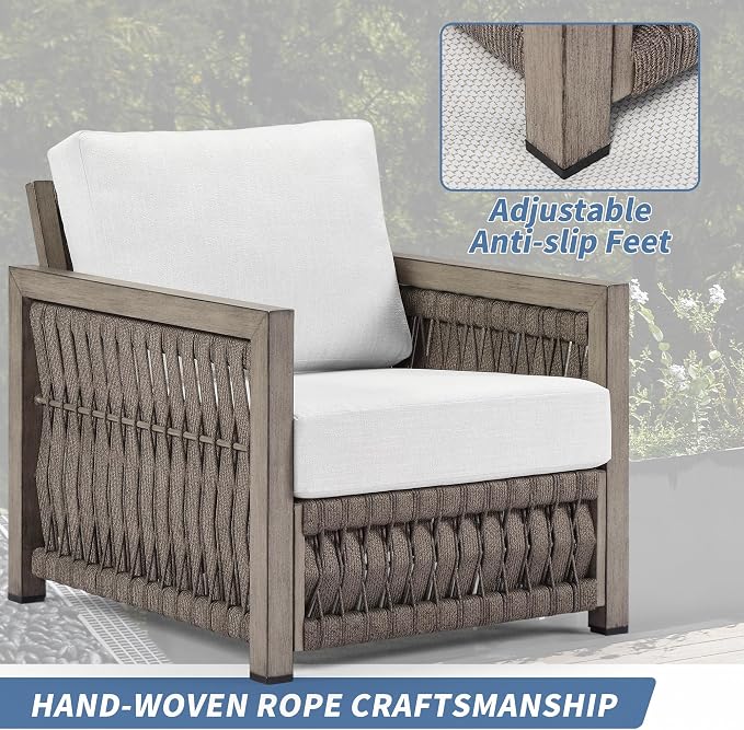 3 Pieces Patio Furniture Set, Outdoor Patio Sofa Set with 2 Armchair & Side Table, All-Weather Aluminum Garden Outdoor Contemporary Sofa Chair with Cushion for Porch Yard Deck, Gray Oak
