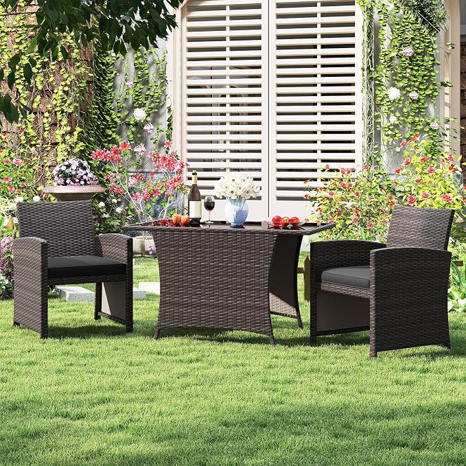 HAPPYGRILL 3 Pieces Patio Wicker Dining Set, Balcony Furniture Set w/Tempered Glass Dining Table, 2 Chairs, Comfy Cushions, Space-Saving Dining Set for Small Spaces, Perfect for Garden, Backyard
