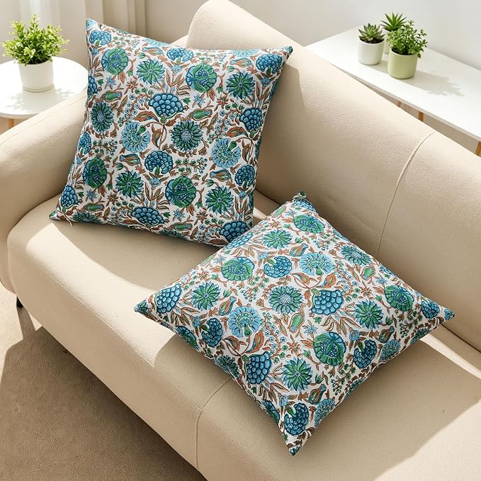 Allorry Outdoor Waterproof Pillow Covers 16x16 Blue Floral Outdoor Decor | Set of 2 Vintage Floral Block Print Pillow Cover,Farmhouse Boho Decorative for Spring Summer Outdoor Sofa Bedroom Decor