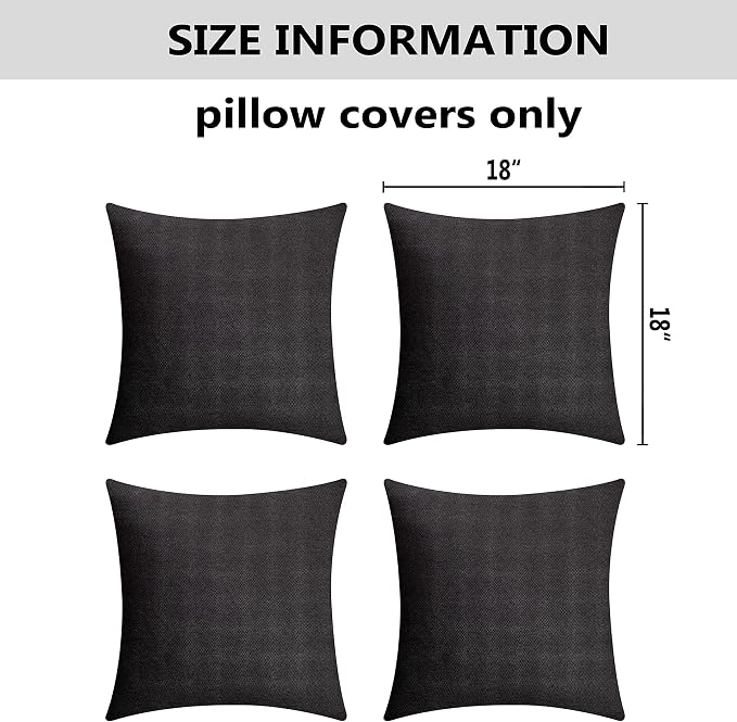 Home Brilliant Pillow Covers Outdoor Black Throw Pillows Waterproof Linen Decorative Pillow Cases for Chairs, 18x18 inch, Set of 4, Black