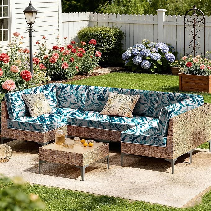 14pc Waterproof Outdoor Couch Cushions for 6 Seat Patio Hawaiian Leaves | Water-resistant, UV-resistant,14pc High-Density Foam Replacement Cushions for 6-Seat Outdoor Sectional Furniture