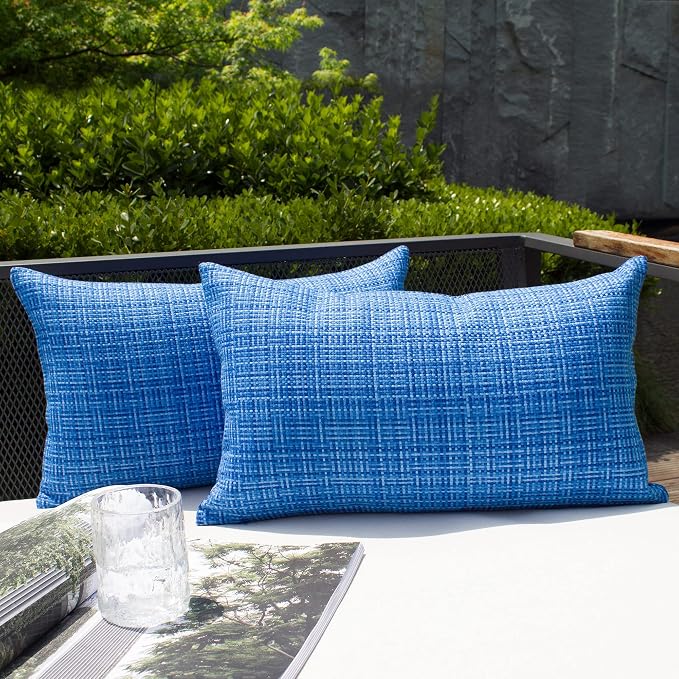 Kevin Textile Outdoor Waterproof 12"x24" Lumbar Pillow Covers 2 Pack, Blue | Water Resistant, Faux Linen Yarn-dyed, Woven Texture Throw Pillow Covers for Tent Patio Garden Couch Sofa