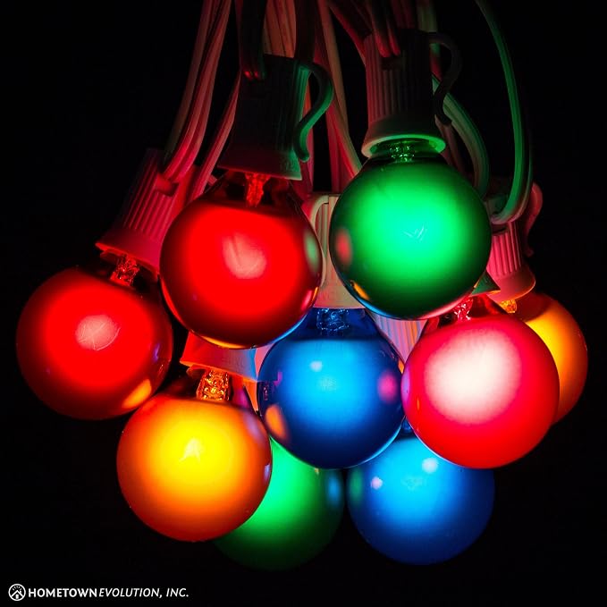 G40 Assorted Satin Pearl Colored String Lights (50 Foot – White Wire) | G40 Assorted 1.6" Bulbs, Outdoor Globe Patio String Lights