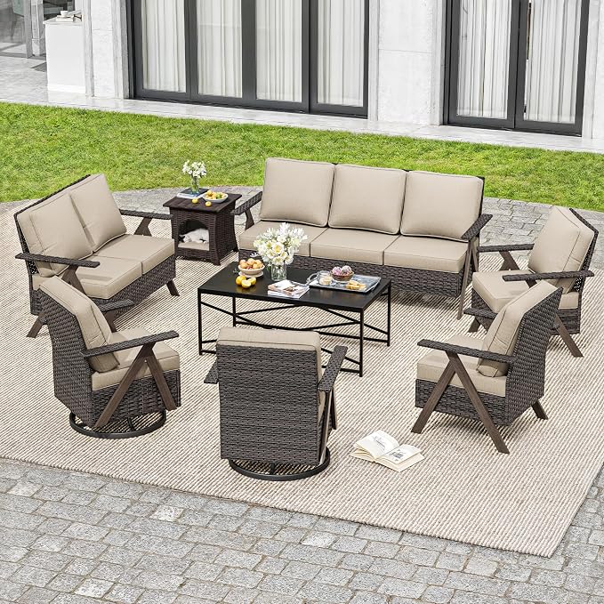 8 Pieces Patio Furniture Set,Outdoor Loveseat Sofa & High Back Swivel Rocker Patio Chairs, Wicker Conversation Set with Coffee Table and Side Table for Deck Yard and Poolside