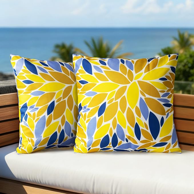 Outdoor Pillow Covers 18x18 Inch, Water-Resistant Decorative Pillow Covers Pack of 2, Floral Throw Pillow Case for Patio Furniture Tent Garden, Yellow Blue Dahlia, Cover ONLY