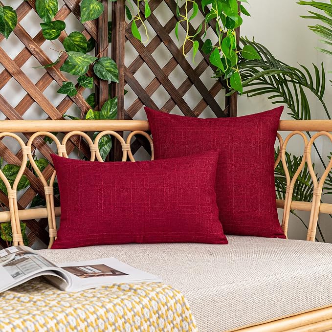 Kevin Textile Outdoor Waterproof 12”x20” Lumbar Pillow Covers 2 Pack, Red | Water Resistant, Soft Faux Linen-cotton Yarn-dyed Woven Texture Throw Pillow Covers for Tent Patio Garden Couch Sofa