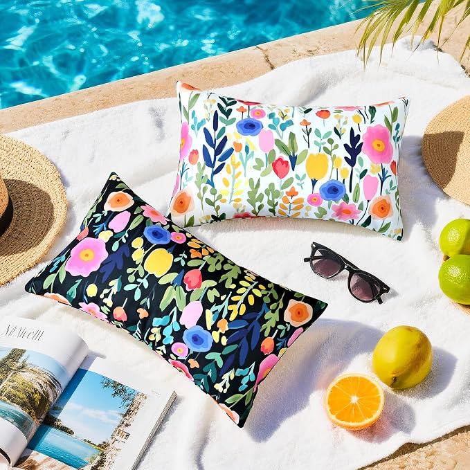 Outdoor Pillows Covers 12X20 Inch Pack of 2, Spring Floral Waterproof Throw Pillow Covers, White Printed Flower Decorative Square Pillowcases for Summer Patio Furniture Garden Balcony Porch