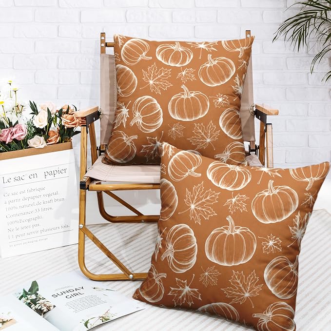 Fall Pillow Covers 24x24 Set of 2 Burnt Orange Pumpkin Maple Leaves Throw Pillow Covers Autumn Harvest Pillowcase Thanksgiving Cushion Case for Home Decor Patio Outdoor Sofa