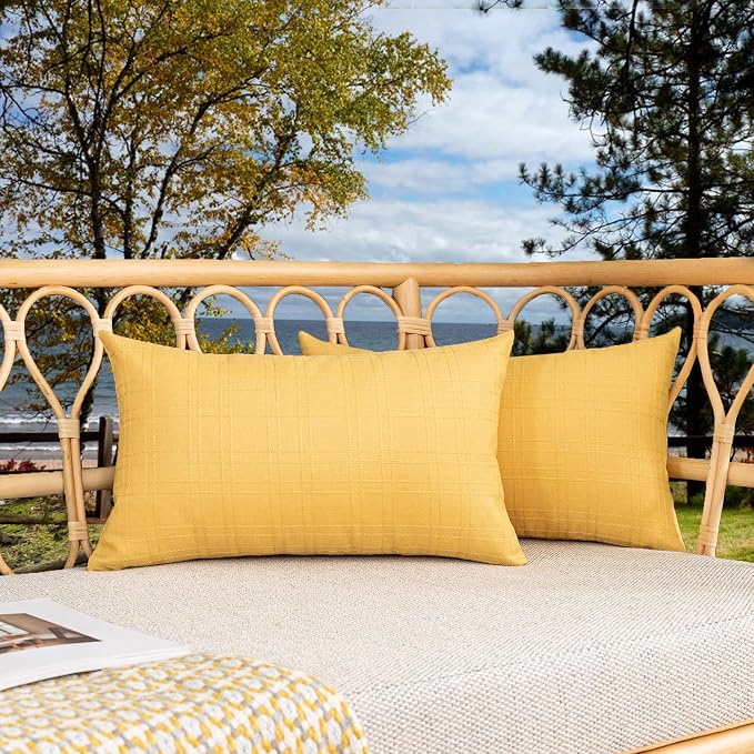 Kevin Textile Outdoor Waterproof 12”x24” Pillow Covers 2 Pack, Yellow | Water Resistant, Soft Faux Linen-cotton Yarn-dyed Woven Texture Throw Pillow Covers for Tent Patio Garden Couch Sofa