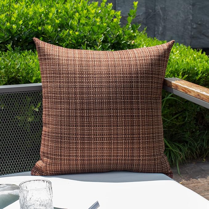 Kevin Textile Outdoor Waterproof 16x16 Inch Pillow Covers 2 Pack, Coffee | Water Resistant, Faux Linen Yarn-dyed, Woven Texture Throw Pillow Covers for Tent Patio Garden Couch Sofa