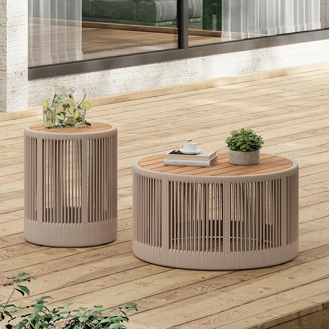 Christopher Knight Home Peyz Acacia Wood Outdoor Side Table Set of 2 with Woven Rope Design, Patio Round Coffee Table Set with Small Side Desk, Functionality Stylish 2 Tables for Garden, Teak + Beige