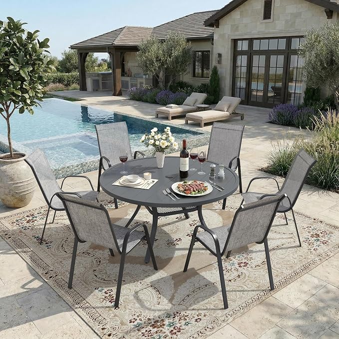 DIFY 7 Piece Outdoor Dining Set, 48" Round Metal Patio Table and Textilene Stackable Chairs for 6, All Weather Patio Furniture Set with Umbrella Hole for Backyard Garden Deck, Grey
