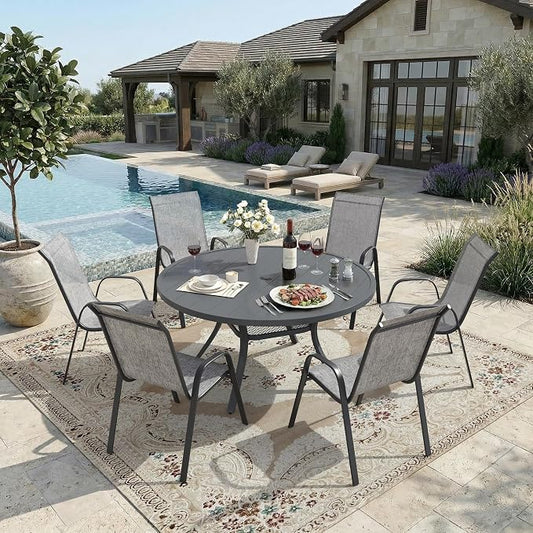 DIFY 7 Piece Outdoor Dining Set, 48" Round Metal Patio Table and Textilene Stackable Chairs for 6, All Weather Patio Furniture Set with Umbrella Hole for Backyard Garden Deck, Grey