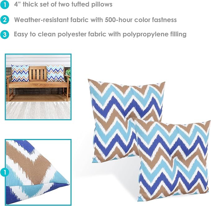 Sunnydaze Tufted Indoor and Outdoor Decorative Throw Pillows - 19-Inch Square Patio Cushions Set of 2 - Weather-Resistant Polyester - Chevron Bliss