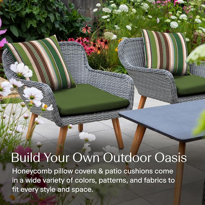 Honeycomb Outdoor Square Toss Pillow Covers, 18 x 18, 2-Pack | Stripe Pine Green Slipcovers, Water & Fade Resistant for Patio Furniture Set, Cover Only, No Insert