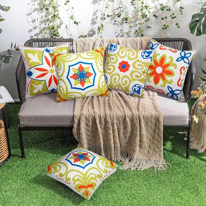 Pyonic Outdoor Pillows Waterproof Throw Pillow Covers Set of 4 Floral Printed and Boho Farmhouse Outdoor Pillow Covers for Patio Funiture Garden 18x18 Inch