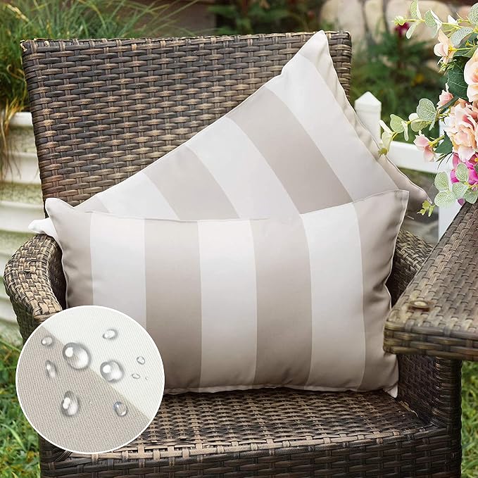 Western Home Pack of 2 Outdoor Waterproof Striped Throw Pillow Covers Beige Grey Decorative Pillowcases Garden Modern Cushion Cases for Patio Tent Balcony Couch Sofa 12x20 Inch | 12x20, Beige Grey,Garden Cushion Covers, Farmhouse Pillowcases for Couch ...