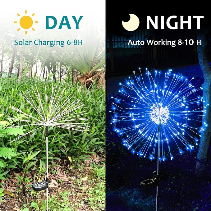 Solar Firework Lights, 2 Pack 120 LEDs 2 Lighting Modes Solar Garden Lights Outdoor Waterproof for Yard Patio Walkway Pathway Party Wedding Christmas Decorative - Blue
