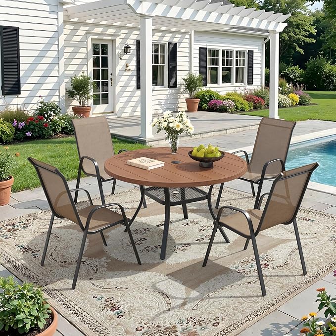 DIFY 5 Piece Outdoor Dining Set, 40" Walnut Round Metal Patio Table and Brown Textilene Stackable Chairs for 4, All Weather Patio Furniture Set with Umbrella Hole for Backyard Garden Deck