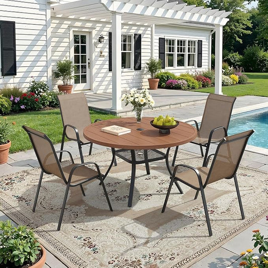 DIFY 5 Piece Outdoor Dining Set, 40" Walnut Round Metal Patio Table and Brown Textilene Stackable Chairs for 4, All Weather Patio Furniture Set with Umbrella Hole for Backyard Garden Deck