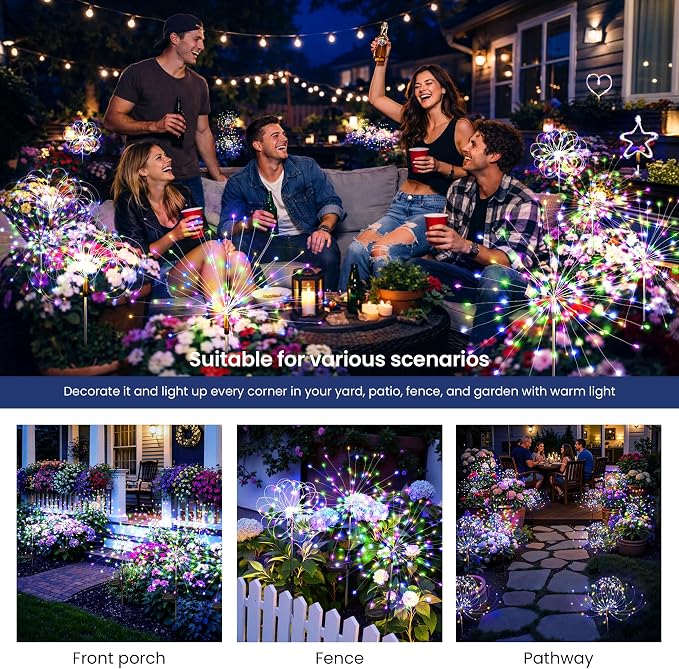 2Pack Solar Lights Outdoor, Multicolor Firework Lights | 120LED Fireworks Lights Solar Powered, Waterproof Fairy Garden Lights Decor Outside for Yard Pathway Lawn Patio